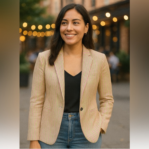 J. Crew Parke Classic Blazer Seersucker‎ Pink Green Yellow Stripe Women’s Size 8 - Picture 1 of 16